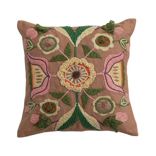 18" Square Fabric Indoor/Outdoor Pillow with Embroidered Design