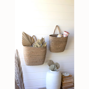 Set of 2 Tall Oval Woven Seagrass Wall Baskets