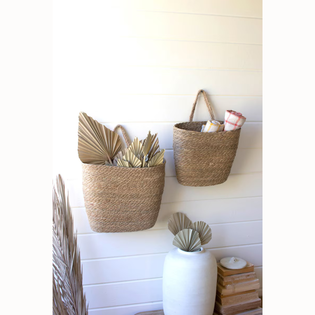 Set of 2 Tall Oval Woven Seagrass Wall Baskets