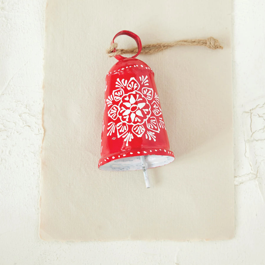 Hand painted red bell ornament with snowflake design