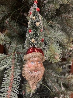 Mercury Glass Santa Head Ornament with Bottle Brush Tree & Glitter