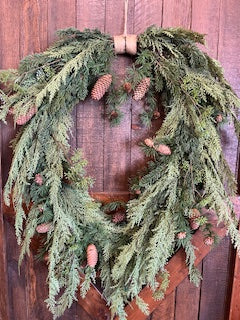 Faux Pine Wreath w/ Pinecones and Jute Hanger