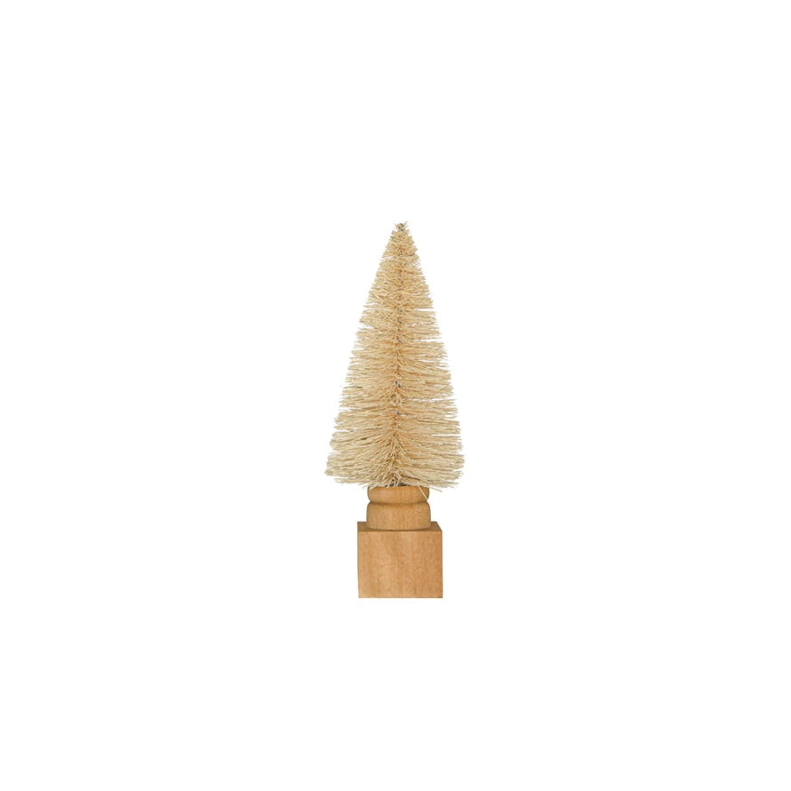 Sisal Bottle Brush Tree w/ Carved Wood Base, Cream Color