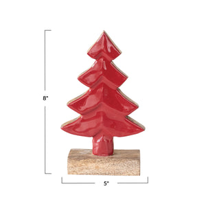Carved Enameled Mango Wood Tree w/ Base, Red & Natural