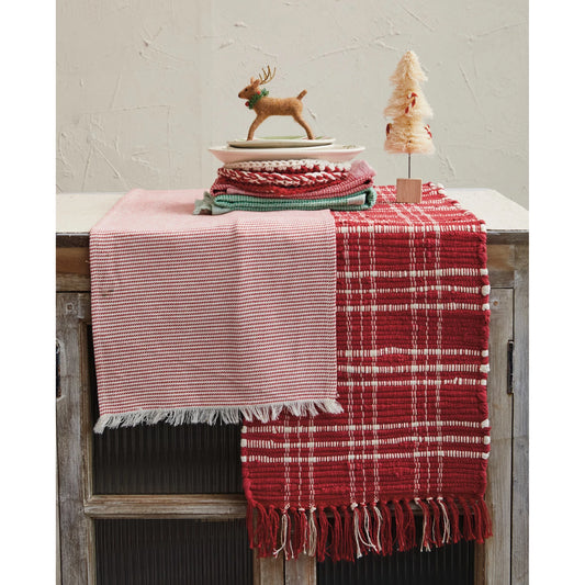 Red & White Plaid Hand-Woven Cotton Chindi Table Runner w/ Fringe