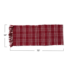 Red & White Plaid Hand-Woven Cotton Chindi Table Runner w/ Fringe