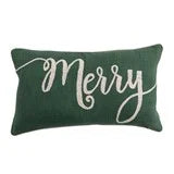 Cotton Lumbar Pillow with Embroidered "Merry", Green & Natural