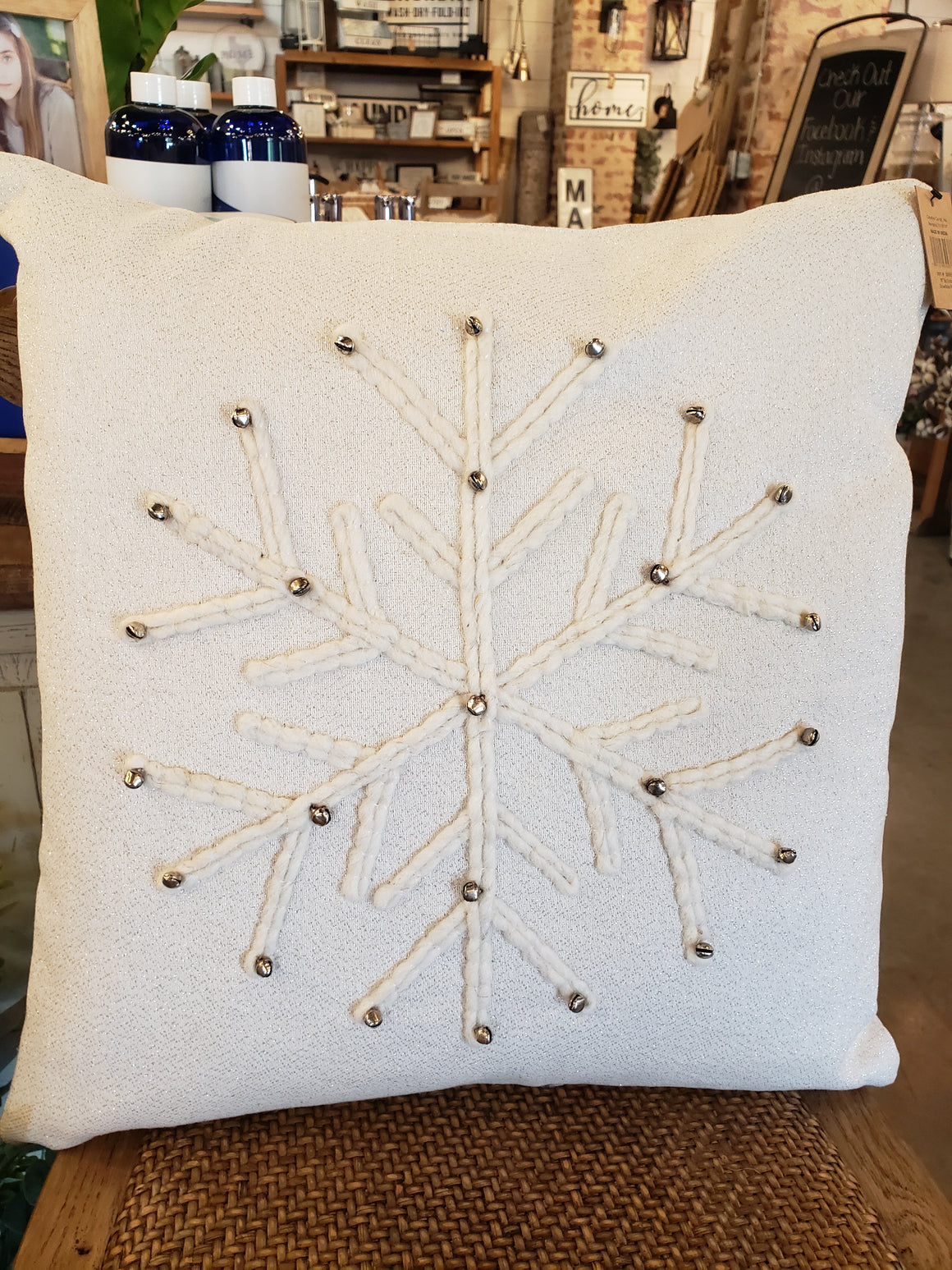 Cotton Snowflake Pillow with Bells