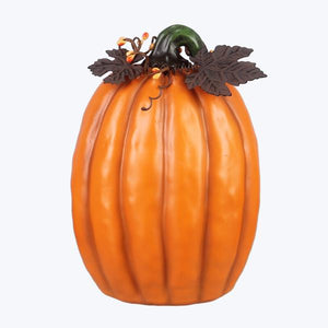 RESIN TALL PUMPKIN WITH METAL LEAVES