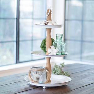 White Three Tier Tray with Natural Wood