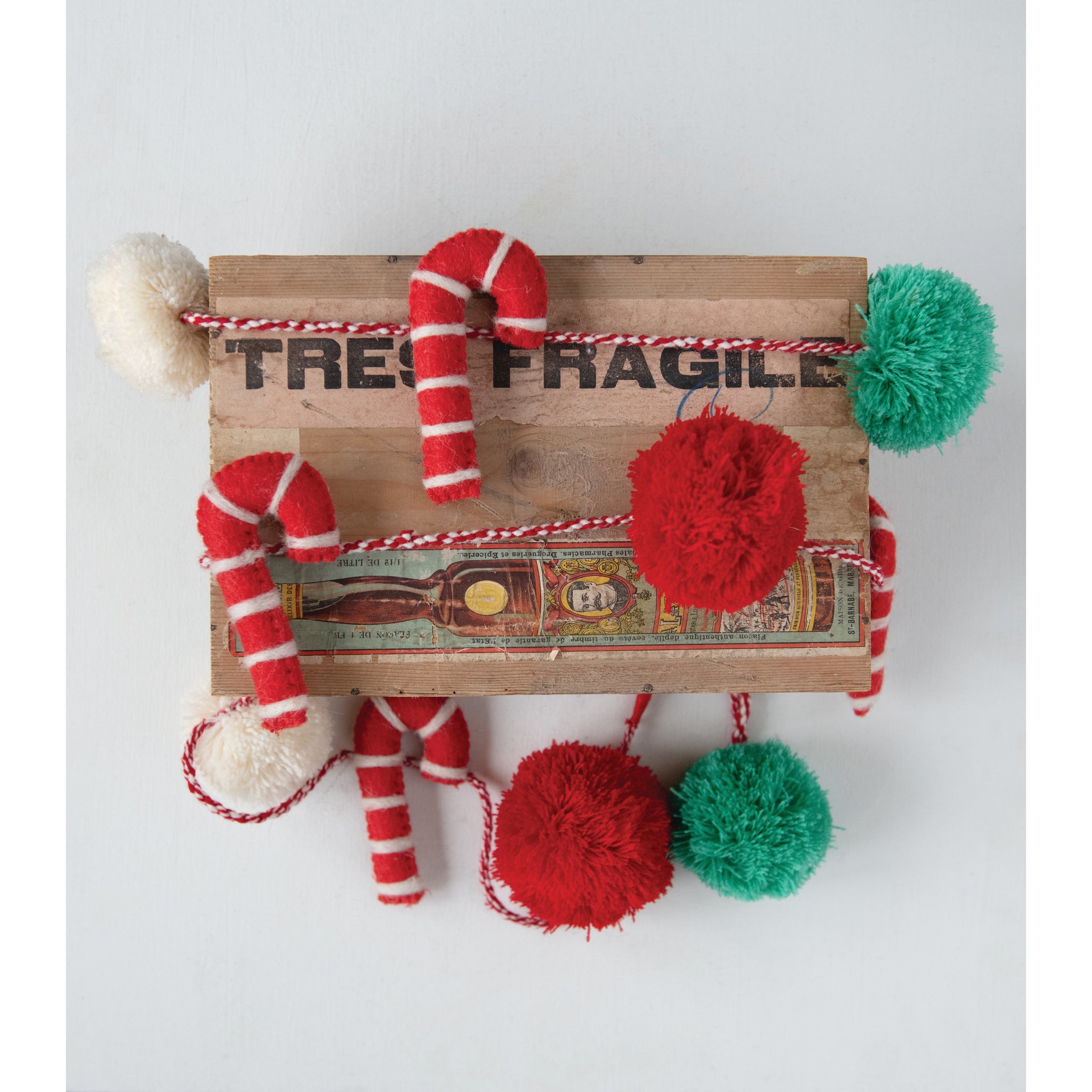 Red & White Felt Pom Poms Garland, Christmas Decorative Garland