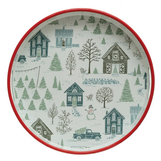Enameled Metal Tray with Christmas Tree Farm