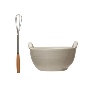 Stoneware Bowl, Wood and Metal Whisk, Set of 2