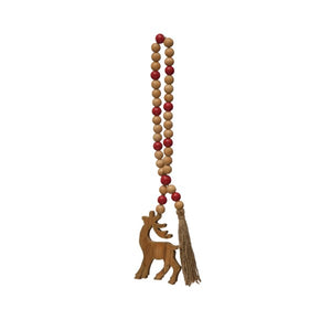 Wood Beads with Reindeer Icon and Jute Tassel, Natural and Red