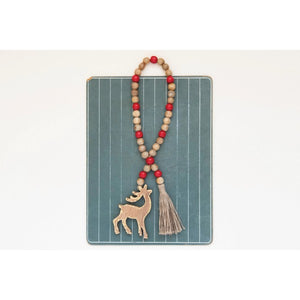 Wood Beads with Reindeer Icon and Jute Tassel, Natural and Red