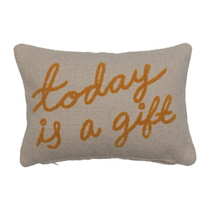 Embroidered Cotton Lumbar Pillow "Today is a Gift"