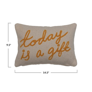 Embroidered Cotton Lumbar Pillow "Today is a Gift"
