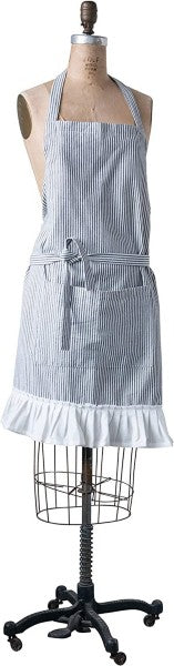 Blue Pinstripe Woven Cotton Apron with Pocket and Ruffle