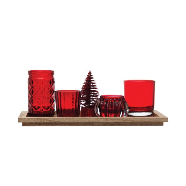 Wood Tray with 4 Glass Votive Holders
