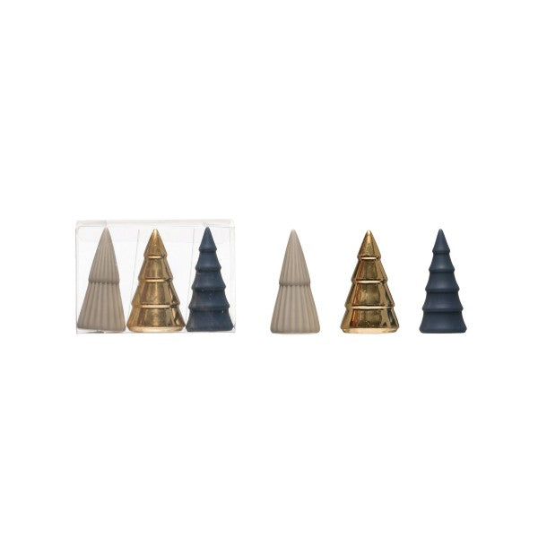 Stoneware Trees, Blue, Grey and Gold Colors, Boxed Set of 3