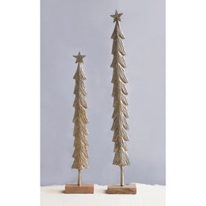 Metal Christmas Tree with Mango Wood Base, Brass Finish