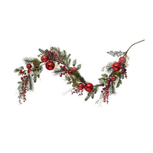 Faux Pine Garland with Red Plastic Ball Ornaments, Pinecones and Berries