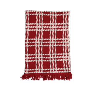 Cotton Knit Plaid Throw with Fringe, Red and Cream Color
