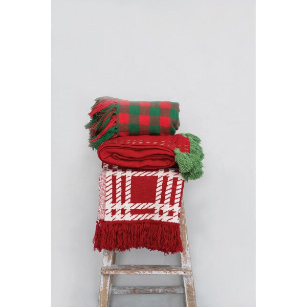 Cotton Knit Plaid Throw with Fringe, Red and Cream Color
