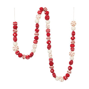 Wool Felt Ball Garland with Embroidery, Red and Cream Color