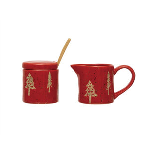 Winter Hand-Stamped Stoneware Creamer and Sugar Set of 3