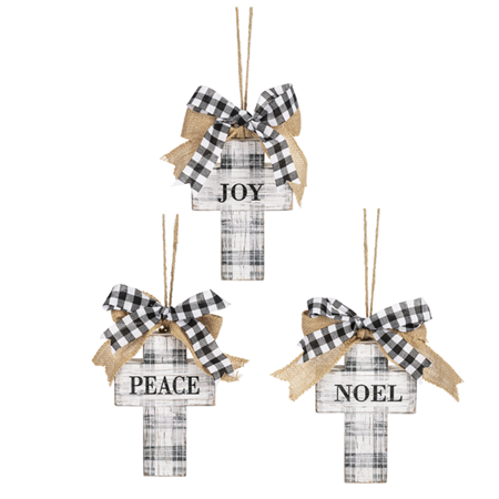 "Peace, Joy, Noel" Plaid Hanging Cross with Ribbon