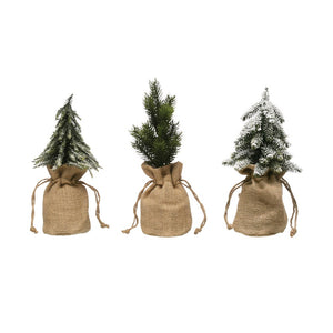 Mini Faux Pine Trees in Burlap Bag