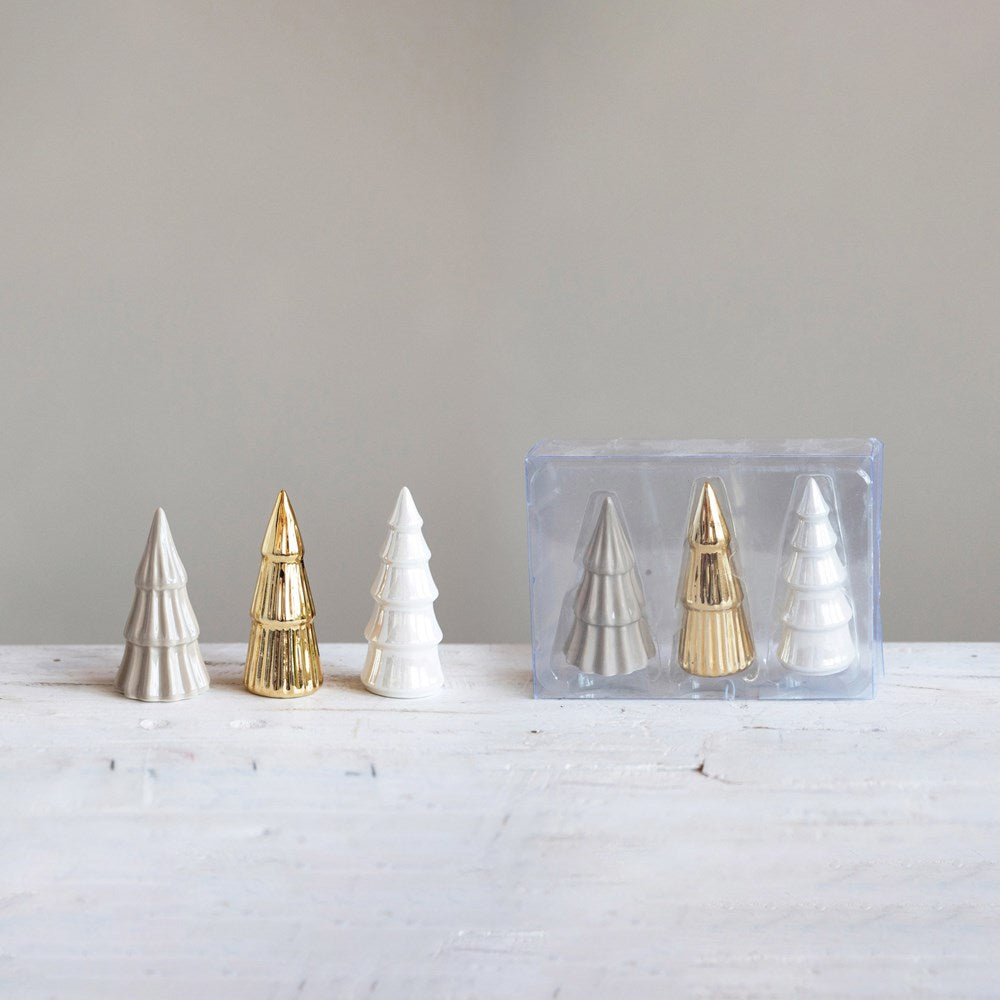 Stoneware Tree Box Set - Grey, Gold & White